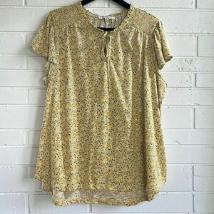 Rose + Olive 2X Yellow Floral Boho Cottagecore Blouse Smocked Yoke Plus Size